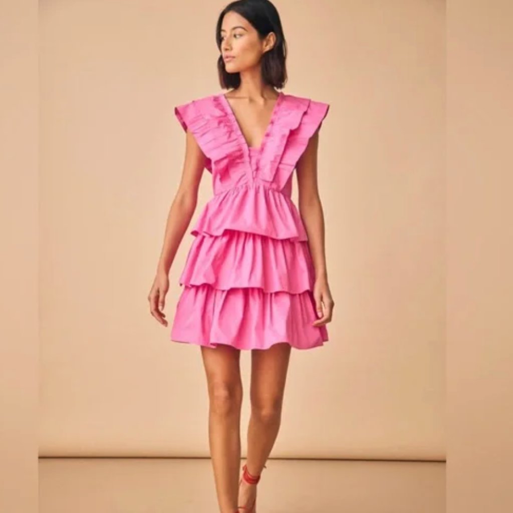 Hunter Bell Nwt Pamela Dress Azalea Pink Taffeta Tier Feminine Ruffle Size 4